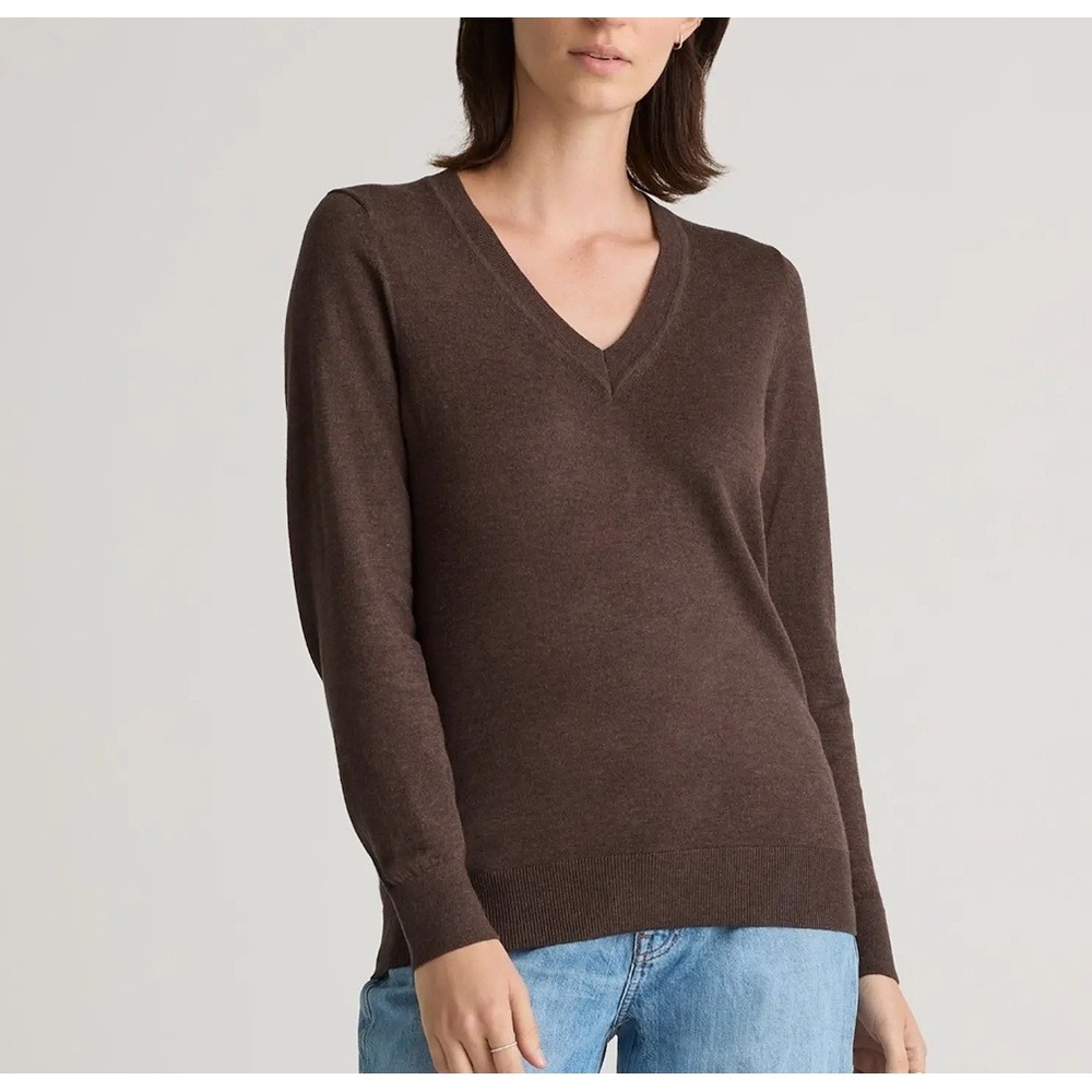 Quince Womens XS NWOT Cotton Cashmere V-Neck Sweater Mocha Heather Lightweight